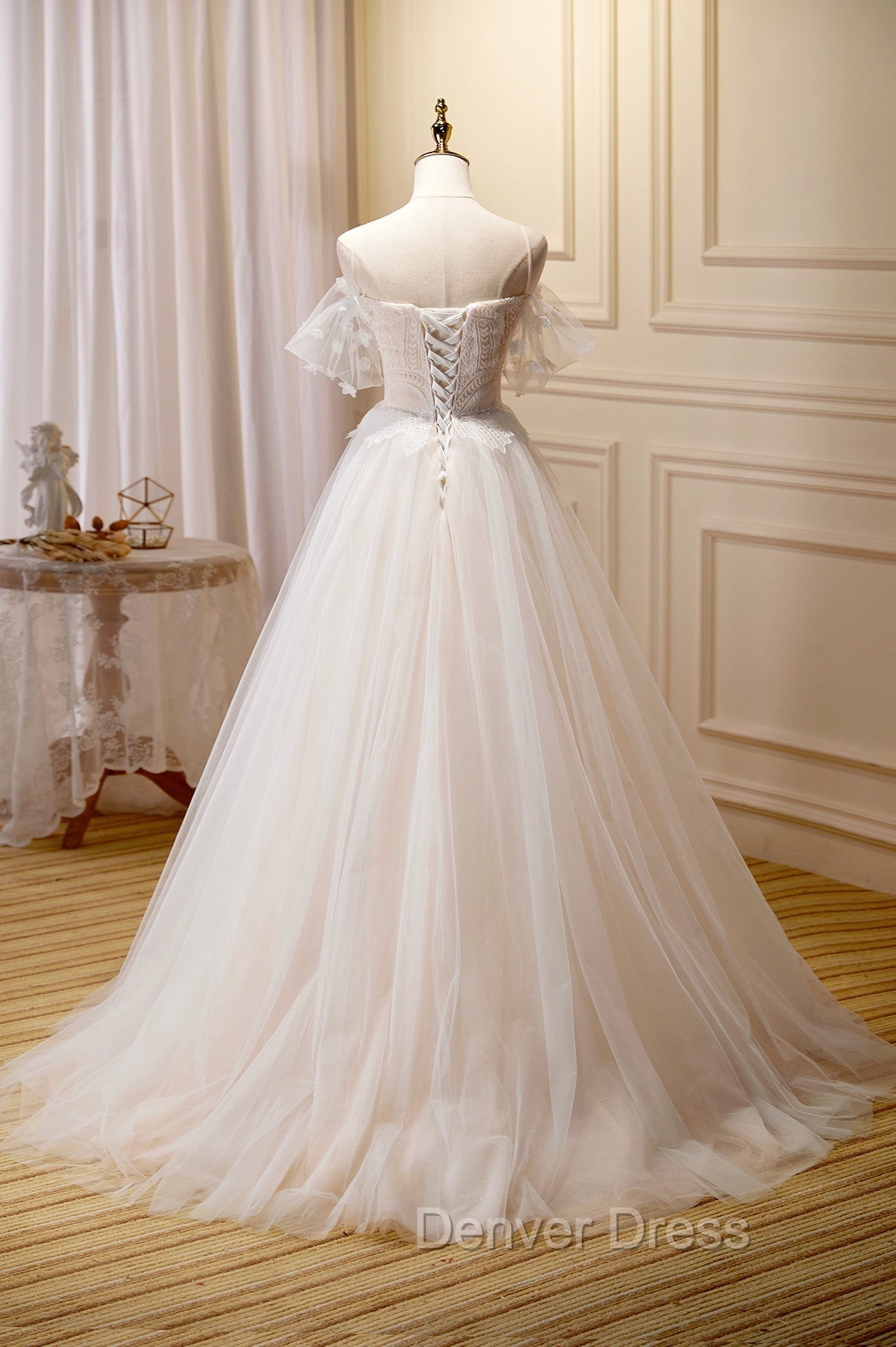 Champagne Floor Length Lace Long Prom Dress, Off the Shoulder Prom Dresses