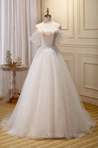 Champagne Floor Length Lace Long Prom Dress, Off the Shoulder Prom Dresses