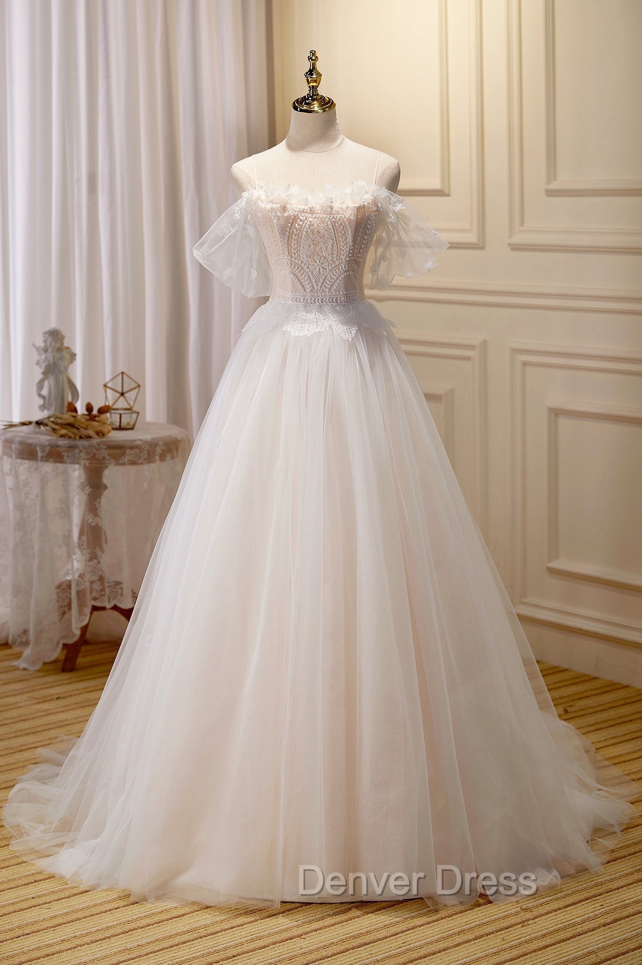 Champagne Floor Length Lace Long Prom Dress, Off the Shoulder Prom Dresses