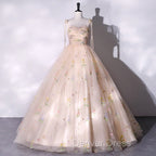 Champagne Floral Tulle Straps Sweetheart Long Prom Dress, Ball Gowns Sweet 16 Dresses