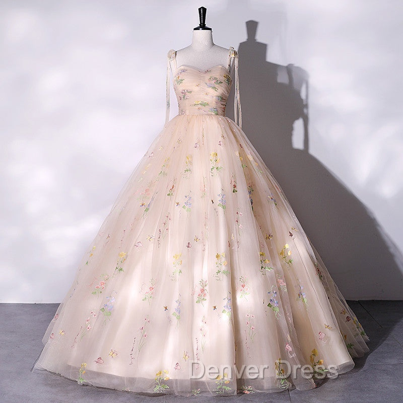 Champagne Floral Tulle Straps Sweetheart Long Prom Dress, Ball Gowns Sweet 16 Dresses