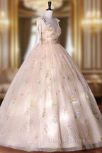 Champagne Floral Tulle Straps Sweetheart Long Prom Dress, Ball Gowns Sweet 16 Dresses