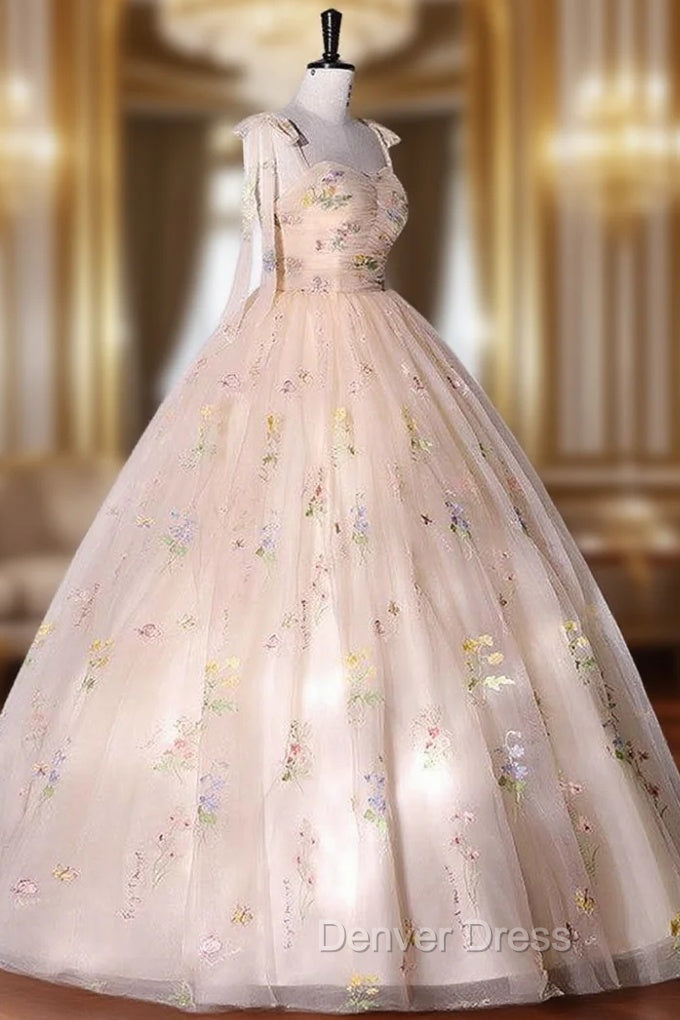 Champagne Floral Tulle Straps Sweetheart Long Prom Dress, Ball Gowns Sweet 16 Dresses