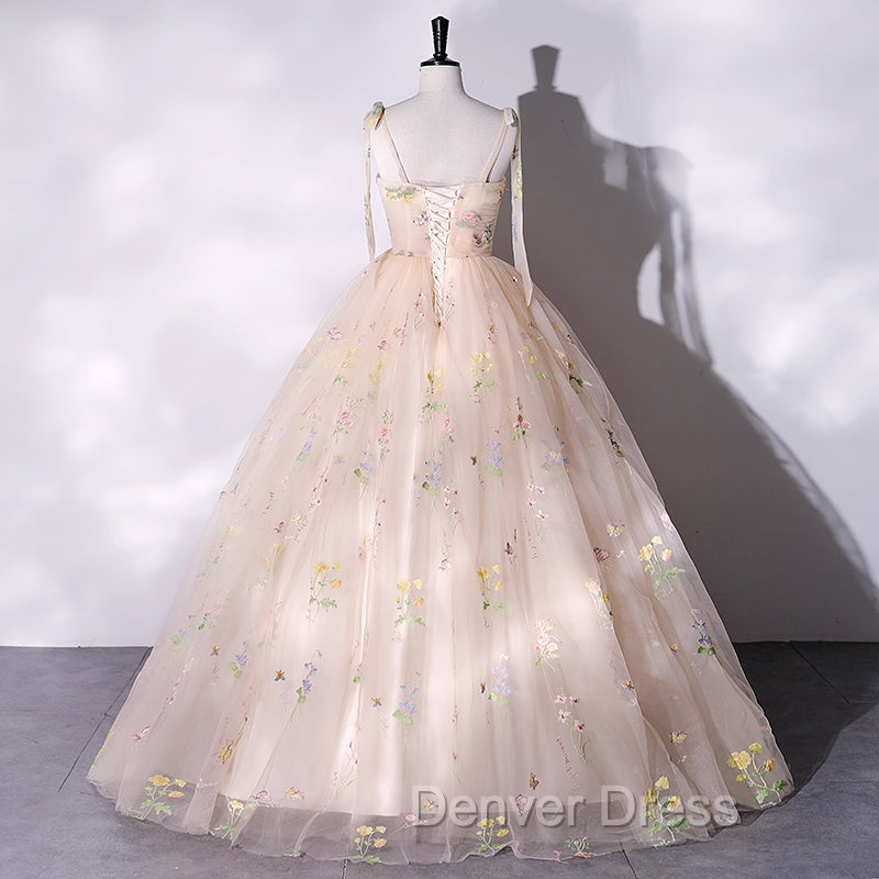 Champagne Floral Tulle Straps Sweetheart Long Prom Dress, Ball Gowns Sweet 16 Dresses