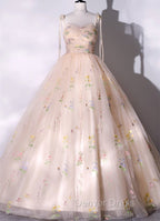 Champagne Floral Tulle Straps Sweetheart Long Prom Dress, Ball Gowns Sweet 16 Dresses