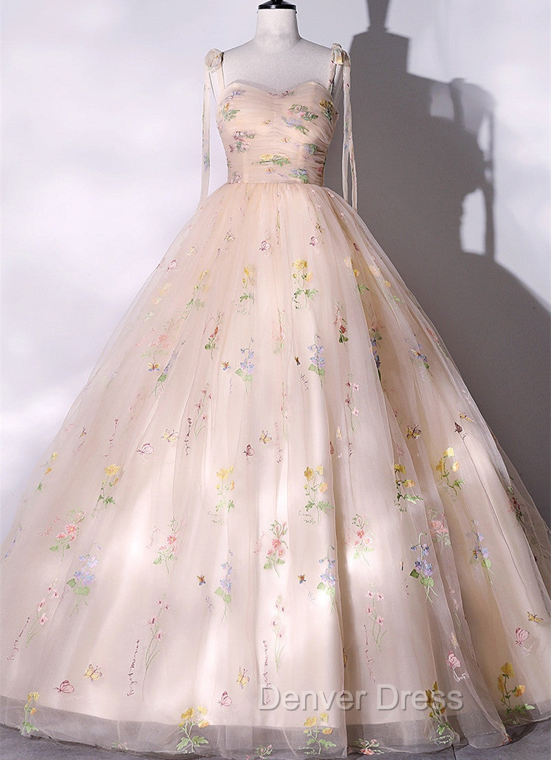 Champagne Floral Tulle Straps Sweetheart Long Prom Dress, Ball Gowns Sweet 16 Dresses