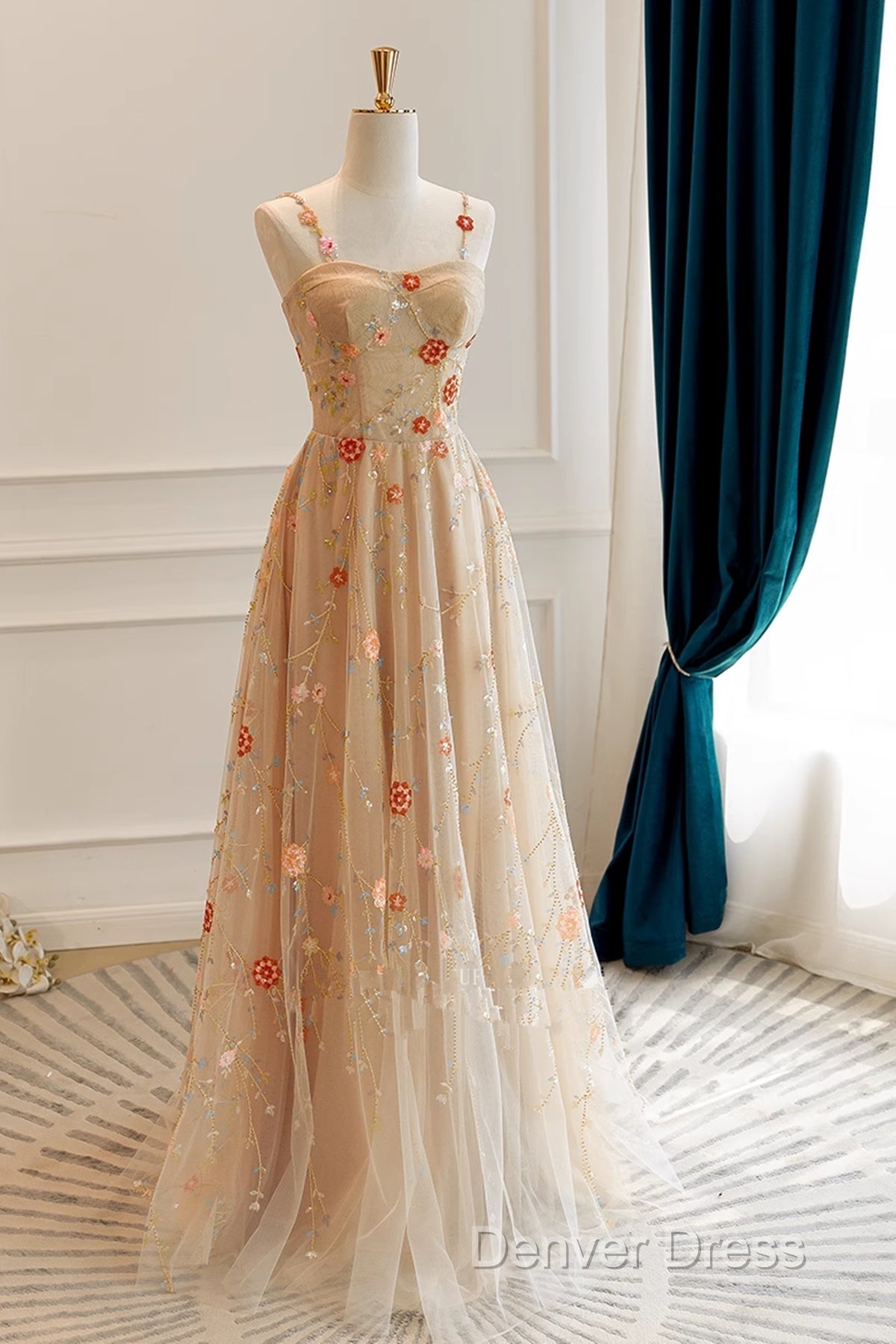 Champagne Floral Tulle Straps Sweetheart Wedding Party Dresses, A-Line Tulle Long Prom Dresses