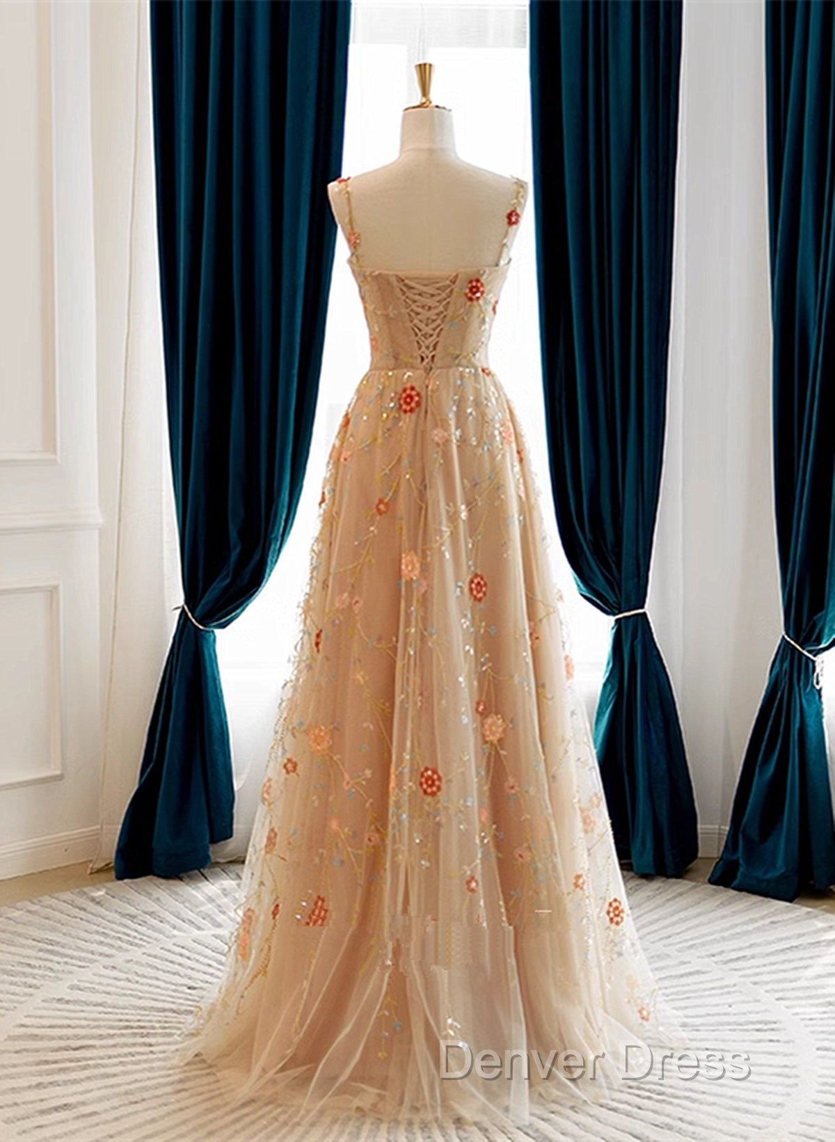 Champagne Floral Tulle Straps Sweetheart Wedding Party Dresses, A-Line Tulle Long Prom Dresses