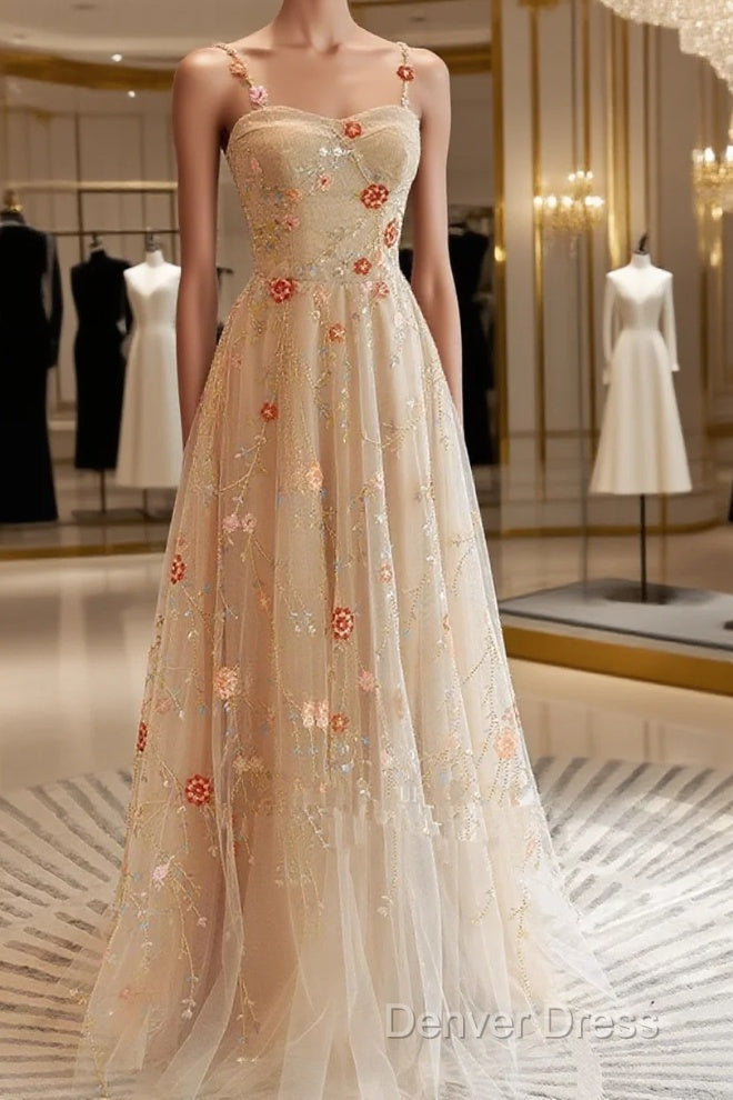 Champagne Floral Tulle Straps Sweetheart Wedding Party Dresses, A-Line Tulle Long Prom Dresses Main image