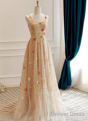 Champagne Floral Tulle Straps Sweetheart Wedding Party Dress, A-Line Tulle Long Prom Dress