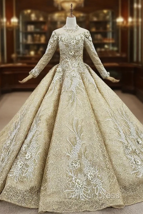 Champagne Gold Ball Gown Lace Sequins High Neck Long Sleeve Wedding Dresses Main image