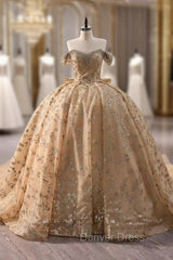 Champagne Gold Ball Gown Tulle Sequins Beading Prom Dresses