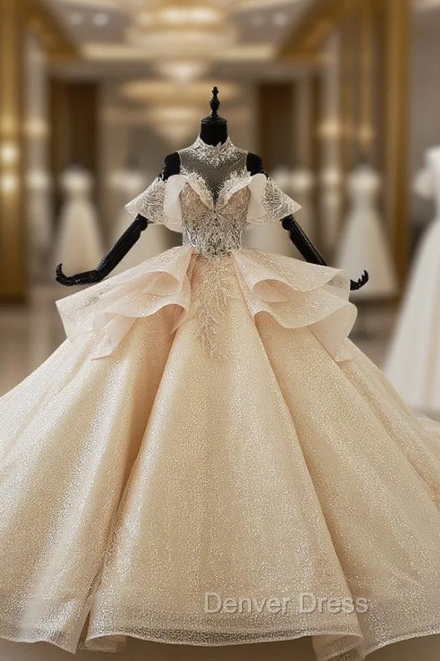 Champagne Gold Ball Gown Tulle Sequins High Neck Backless Wedding Dresses Main image