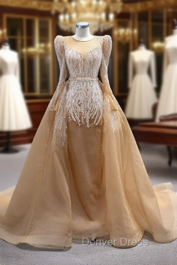 Champagne Gold Long Sleeve Beading Prom Dresses