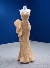 Champagne Gold Mermaid Sequins Strapless Prom Dress