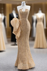 Champagne Gold Mermaid Sequins Strapless Prom Dresses