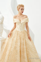 Champagne Gold Off-the-Shoulder Tulle Ball Gown Sequins Princess Prom Dresses for Girls