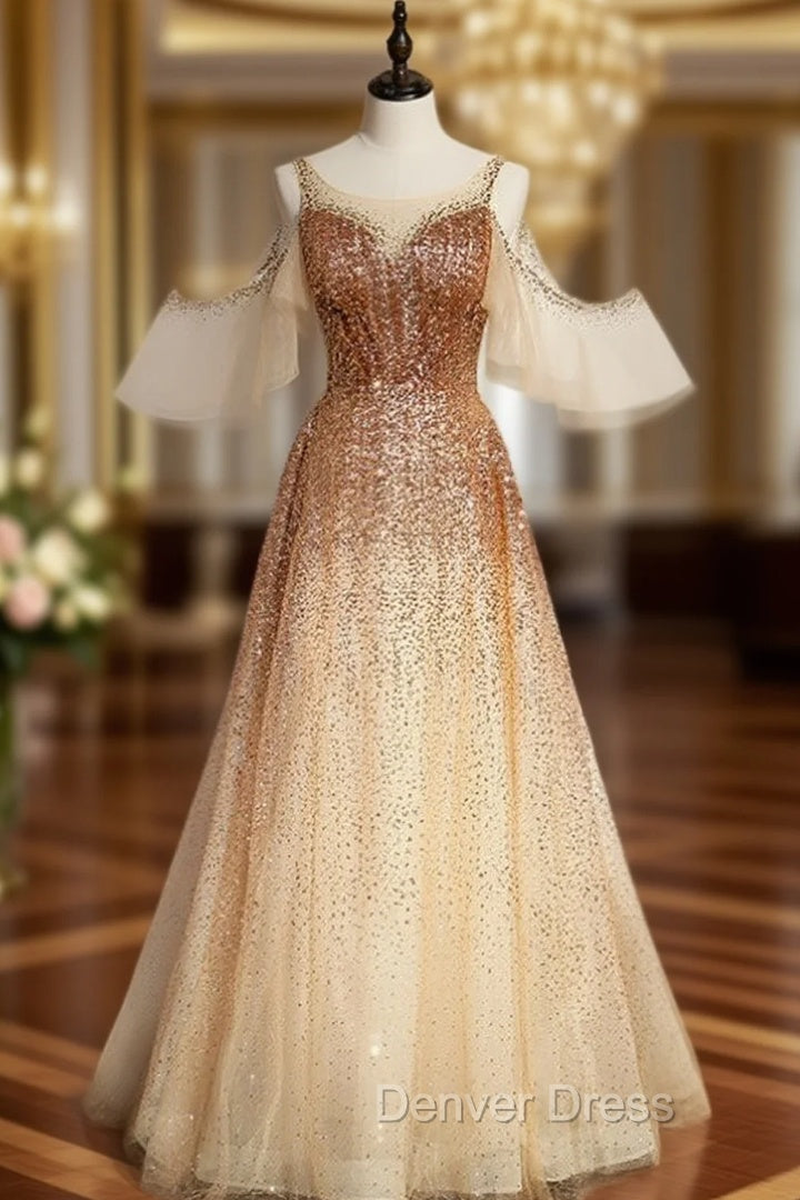 Champagne Gold Sequins Flying Sleeve Prom Dresses