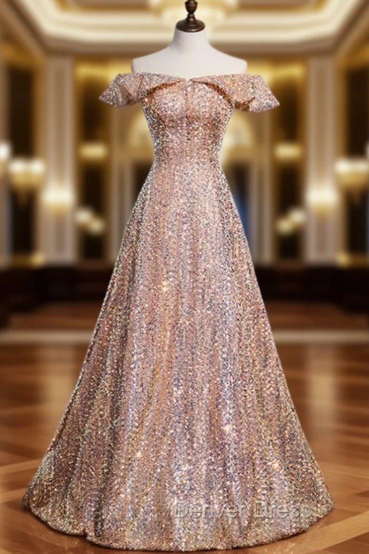 Champagne Gold Sequins Off the Shoulder Prom Dresses