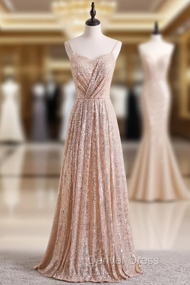 Champagne Gold Seuqins Spaghetti Straps Prom Dresses Main image