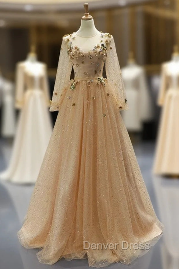 Champagne Gold Tulle Sequins Long Sleeve Appliques Prom Dresses Main image