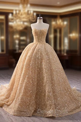 Champagne Gold Tulle Sequins Strapless Prom Dresses