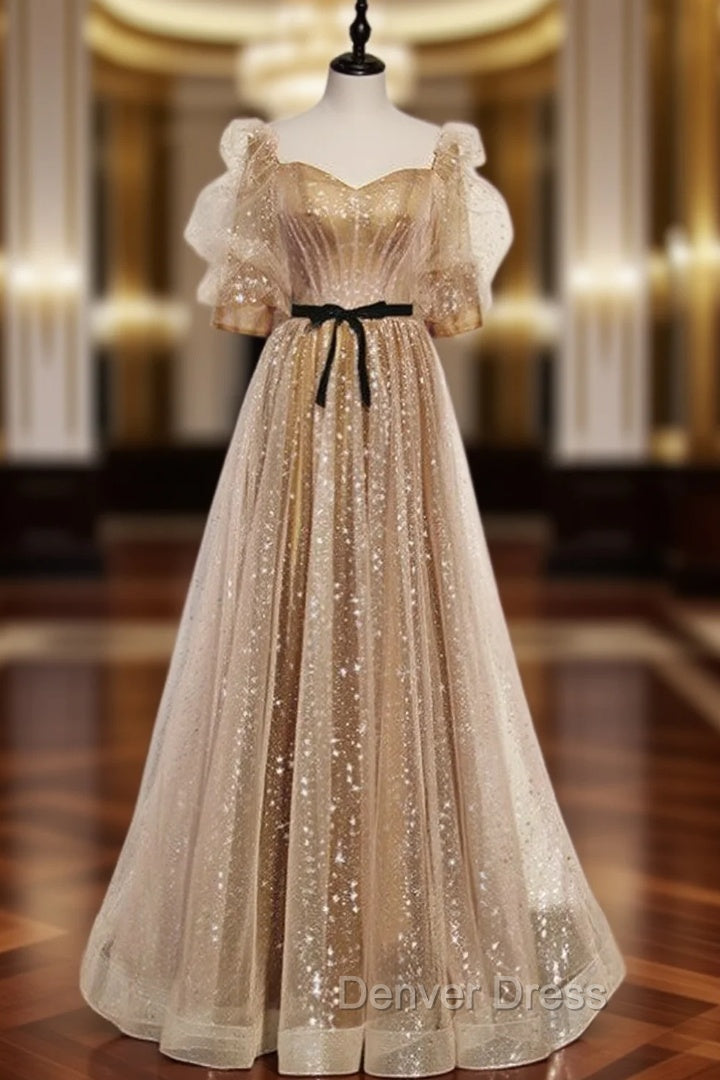 Champagne Gold Tulle Square Short Sleeve Prom Dresses