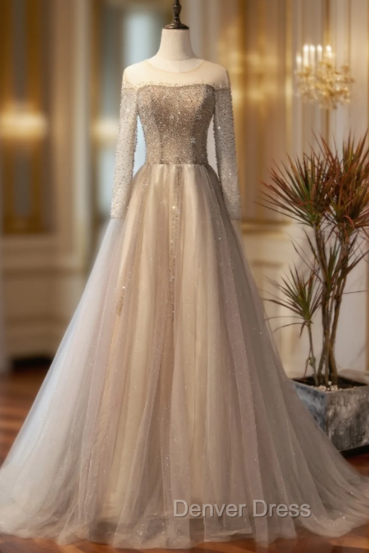 Champagne Gray Tulle Long Sleeve Beading Prom Dresses