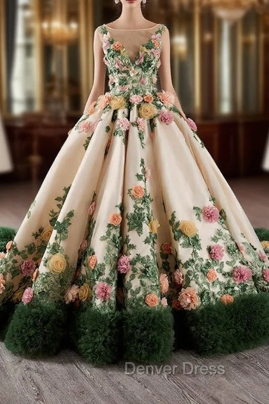 Champagne Green Tulle 3D Flower Prom Dresses Main image
