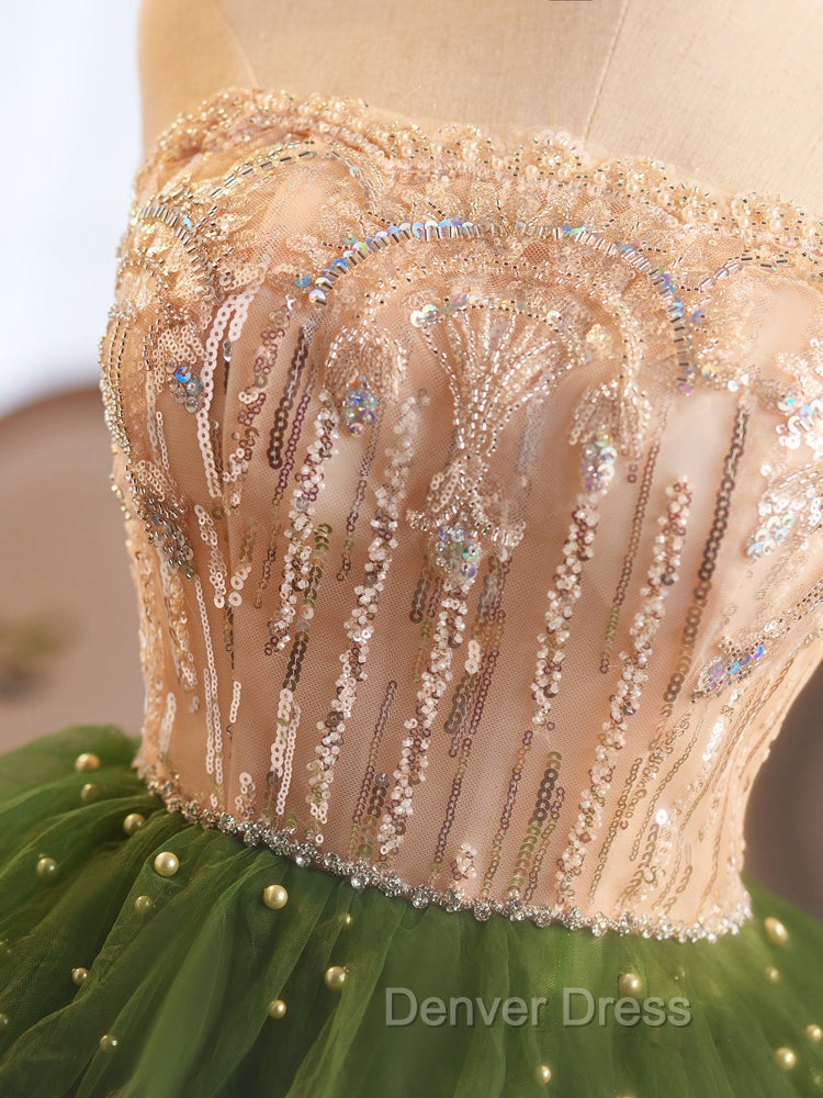 Champagne/Green Tulle Lace Short Prom Dresses, Cute Homecoming Dresses