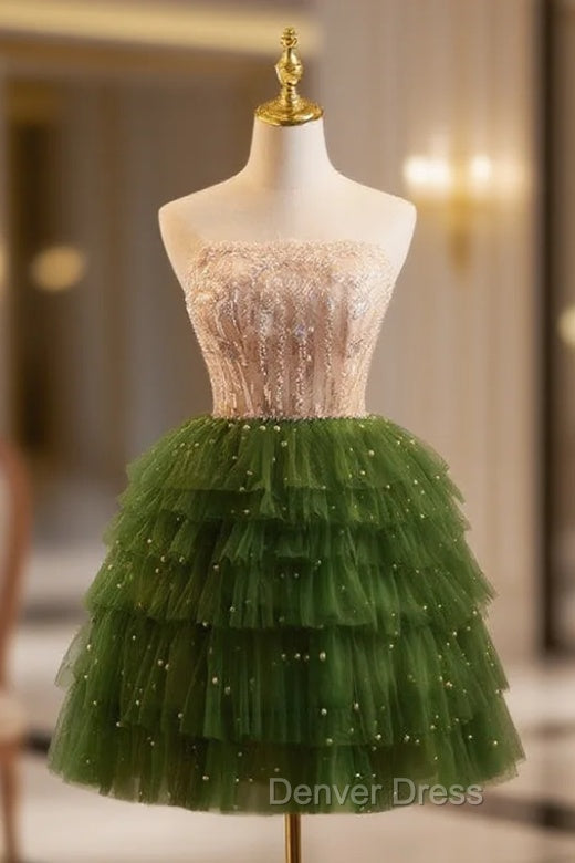 Champagne/Green Tulle Lace Short Prom Dresses, Cute Homecoming Dresses Main image