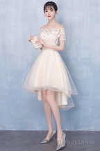 Champagne High Low Off Shoulder Tulle With Lace Prom Dress , Short Homecoming Dresses