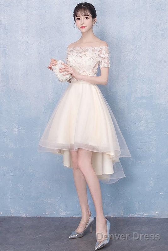 Champagne High Low Off Shoulder Tulle With Lace Prom Dress , Short Homecoming Dresses
