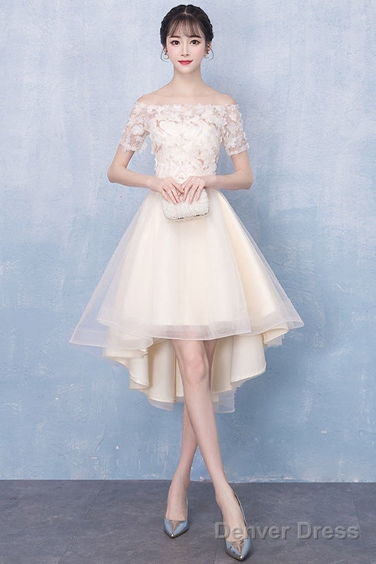 Champagne High Low Off Shoulder Tulle With Lace Prom Dress , Short Homecoming Dresses