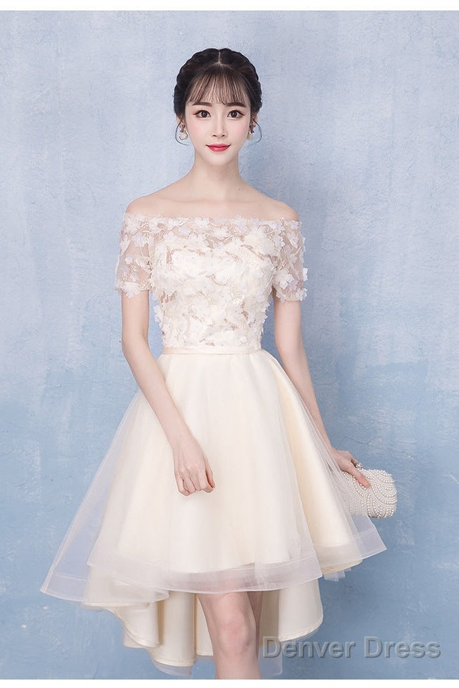 Champagne High Low Off Shoulder Tulle With Lace Prom Dress , Short Homecoming Dress