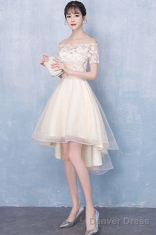 Champagne High Low Off Shoulder Tulle With Lace Prom Dress , Short Homecoming Dress Main image