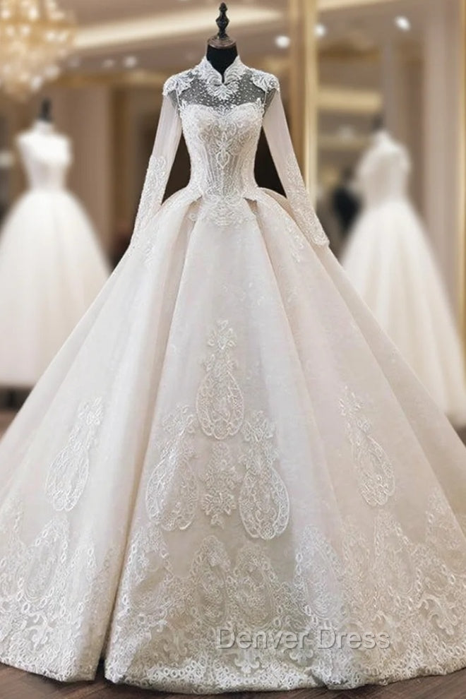 Champagne High Neck Long Sleeve Lace Appliques Beading Wedding Dresses Main image