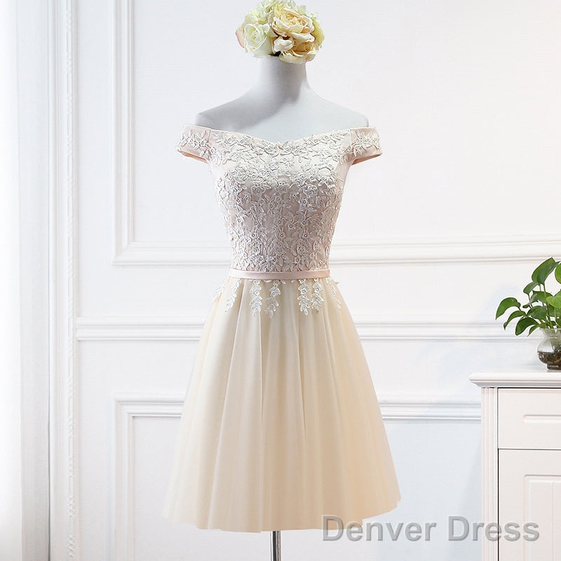 Champagne Lace Applique Off Shoulder Tulle Party Dress Homecoming Dress, Tulle Short Prom Dress Secondary image