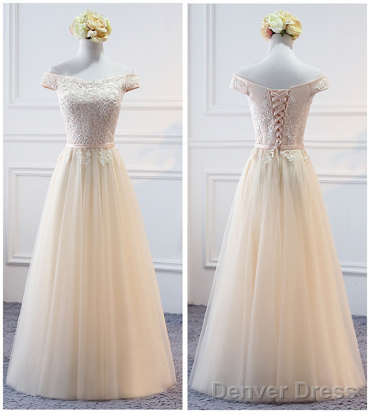 Champagne Lace Applique Off Shoulder Tulle Party Dress Homecoming Dress, Tulle Short Prom Dress