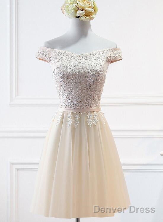 Champagne Lace Applique Off Shoulder Tulle Party Dress Homecoming Dress, Tulle Short Prom Dress Main image