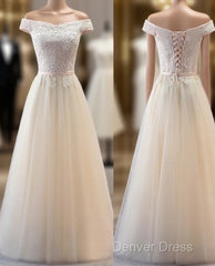 Champagne Lace Applique Off Shoulder Tulle Party Prom Dresses