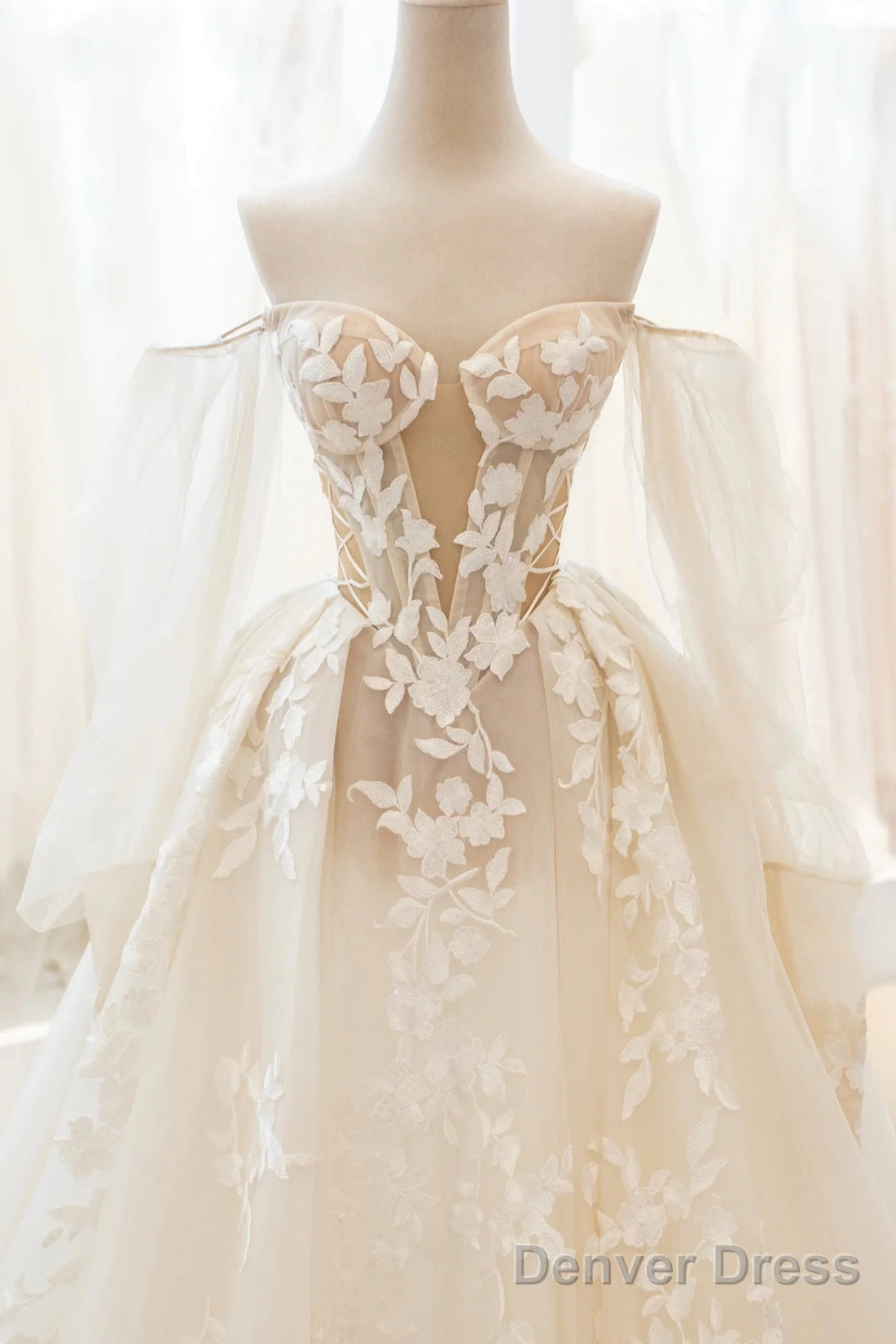Champagne Lace Long A-Line Ball Gowns, Off The Shoulder Prom Dresses Secondary image