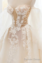 Champagne Lace Long A-Line Ball Gowns, Off The Shoulder Prom Dresses