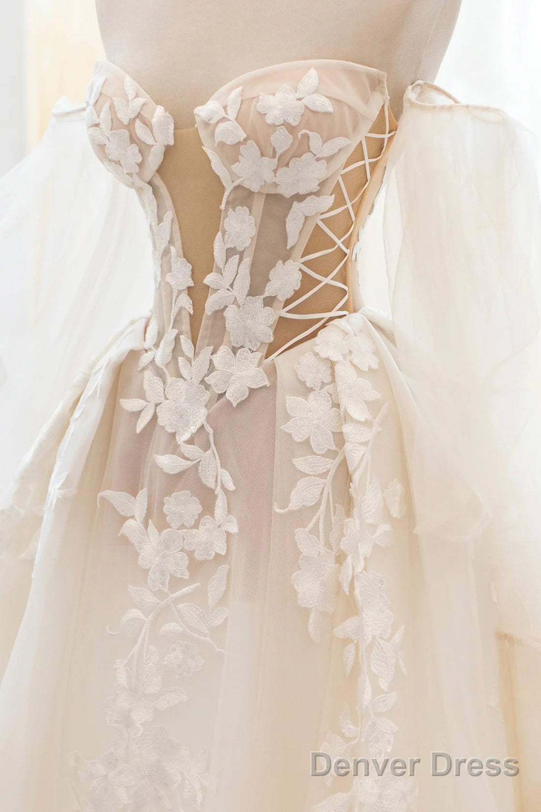 Champagne Lace Long A-Line Ball Gowns, Off The Shoulder Prom Dresses