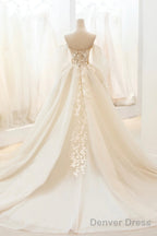 Champagne Lace Long A-Line Ball Gowns, Off The Shoulder Prom Dresses