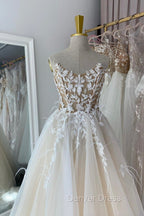 Champagne Lace Long A Line Prom Dress, Strapless Prom Dresses