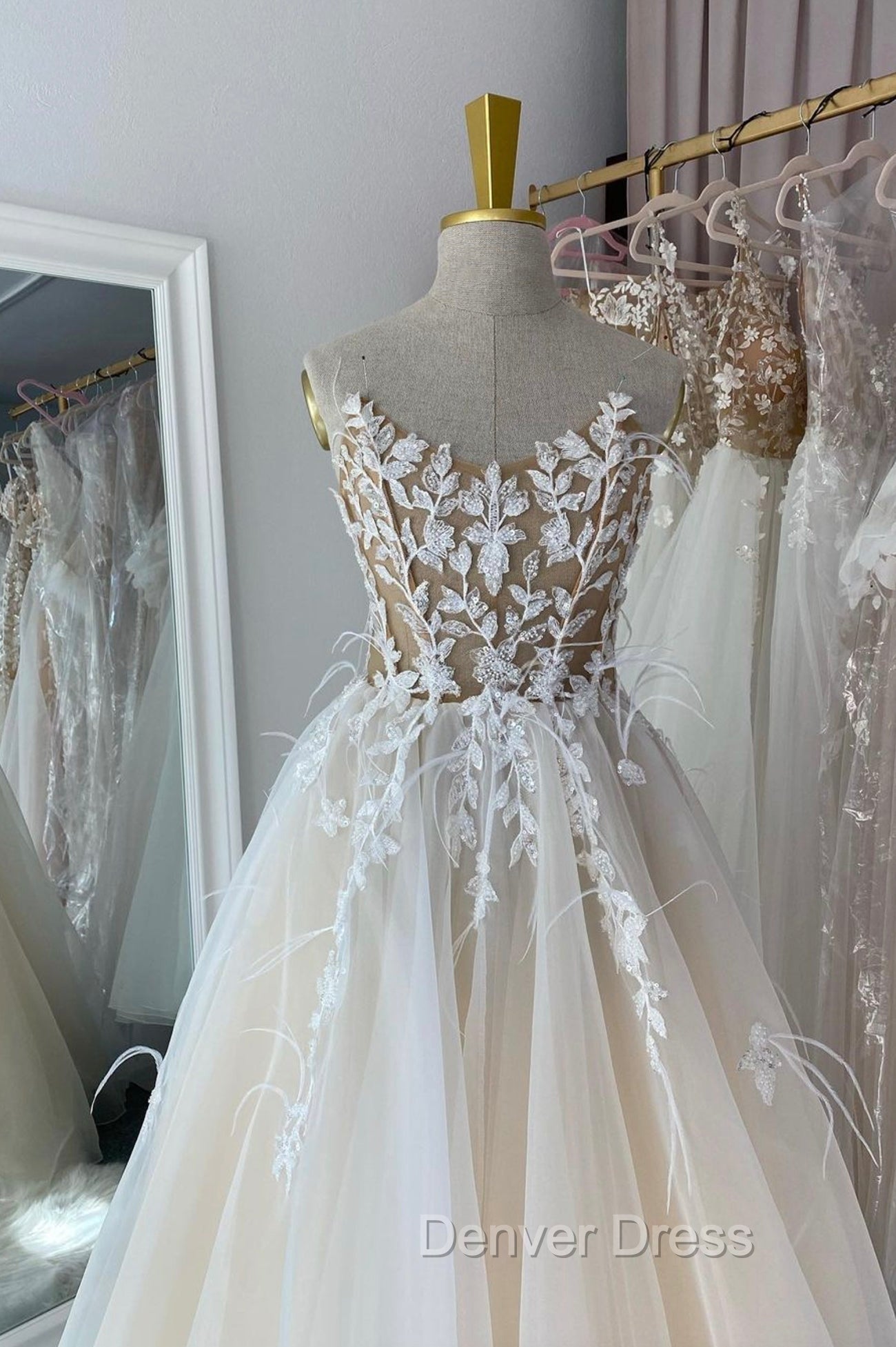 Champagne Lace Long A Line Prom Dress, Strapless Prom Dresses