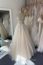 Champagne Lace Long A Line Prom Dress, Strapless Prom Dresses