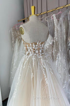 Champagne Lace Long A Line Prom Dress, Strapless Prom Dresses