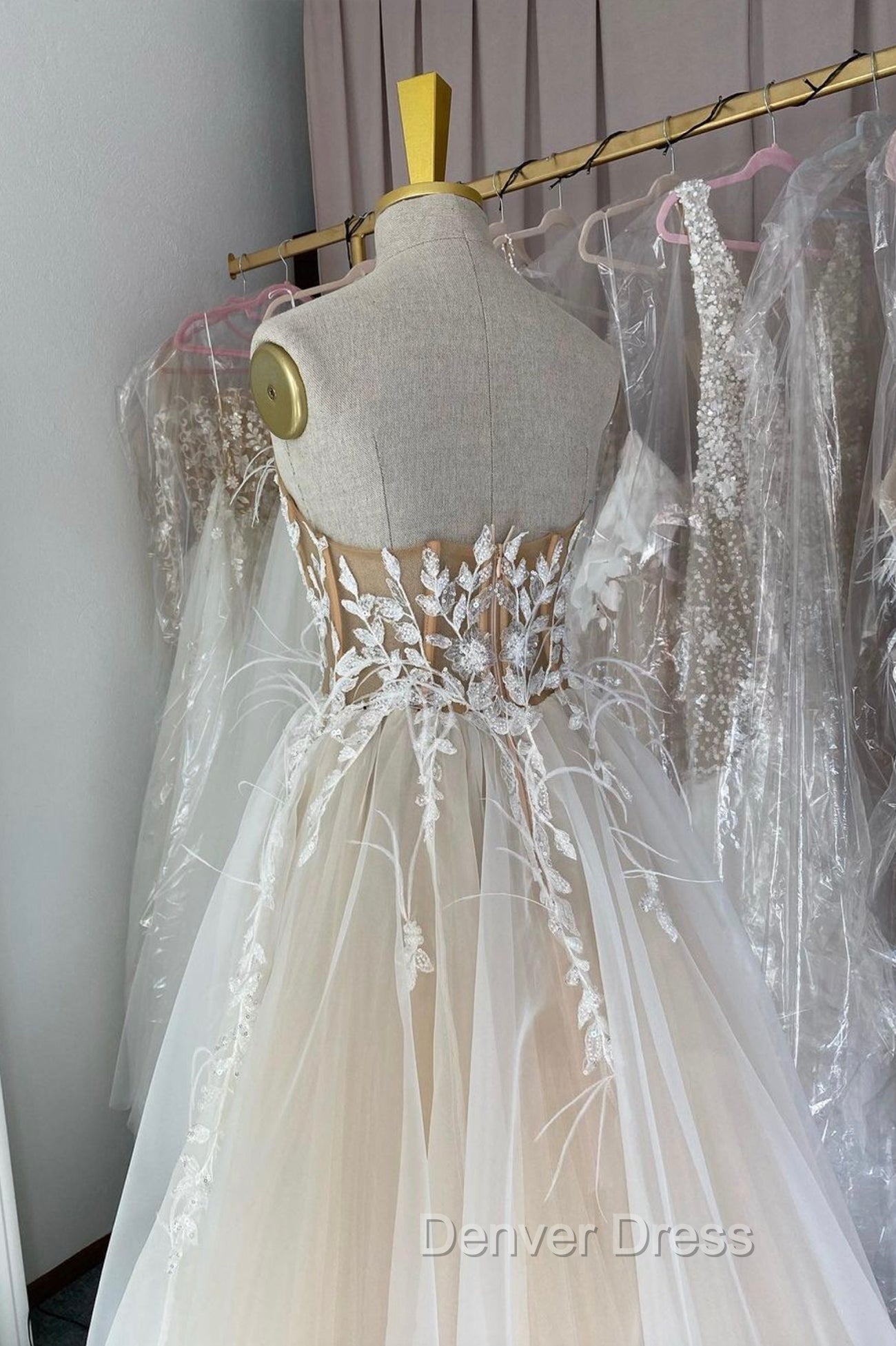 Champagne Lace Long A Line Prom Dress, Strapless Prom Dresses